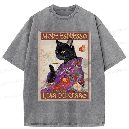 Tokyo-Tiger Japanese Cat Drinking Coffee Washed T-Shirt