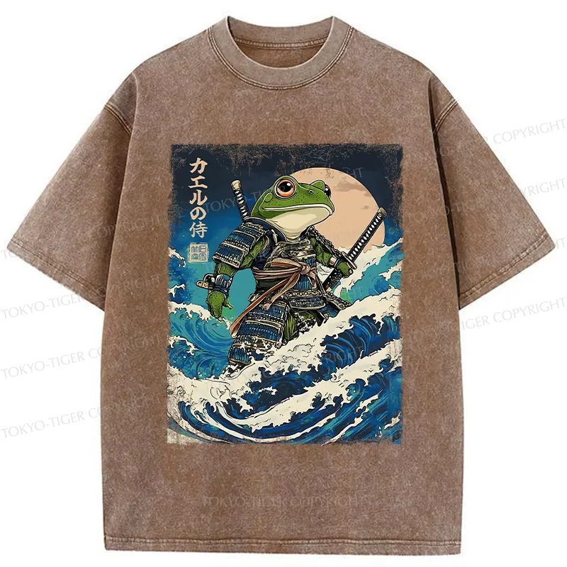 Tokyo-Tiger Frog Samurai In The Great Wave Washed T-Shirt