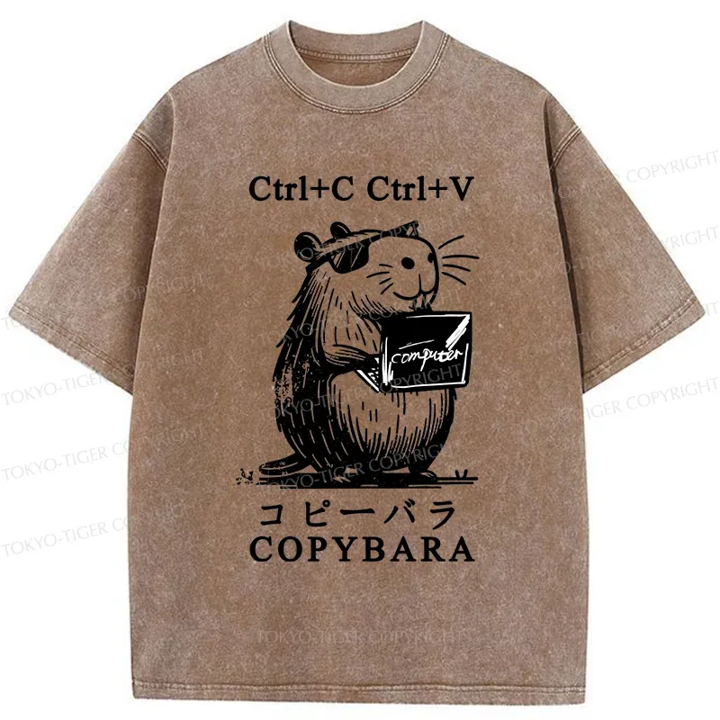 Tokyo-Tiger Capybara At Work Washed T-Shirt