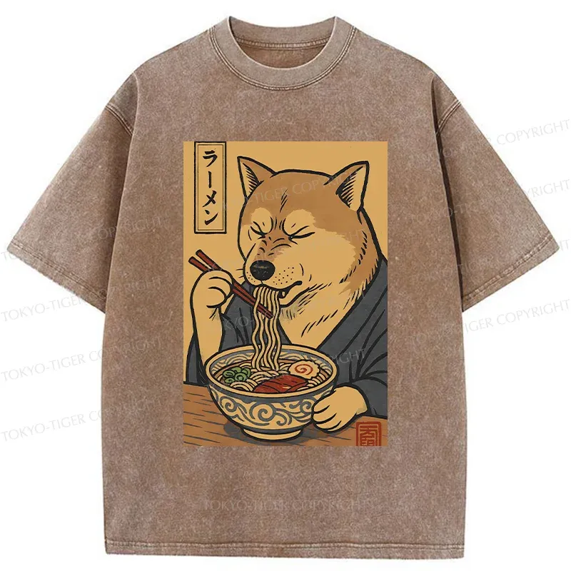 Tokyo-Tiger Puppy Eating Ramen Washed T-Shirt