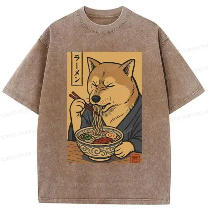 Tokyo-Tiger Puppy Eating Ramen Washed T-Shirt