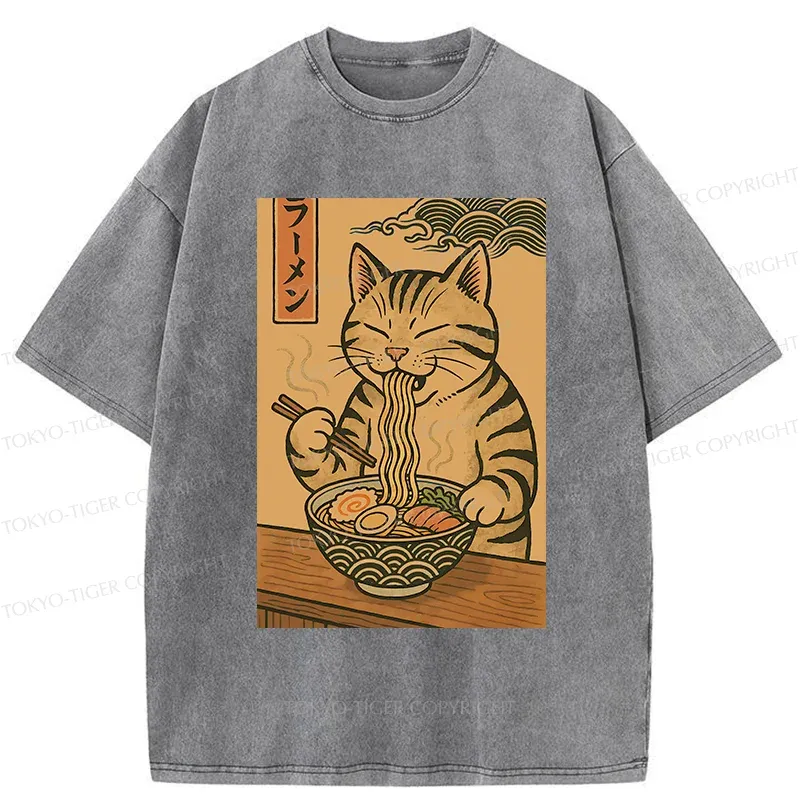 Tokyo-Tiger Retro Cat Eating Ramen Poster Washed T-Shirt