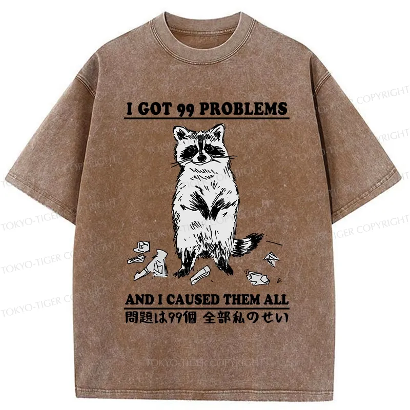 Tokyo-Tiger Funny Raccoon Causes 99 Problems Washed T-Shirt