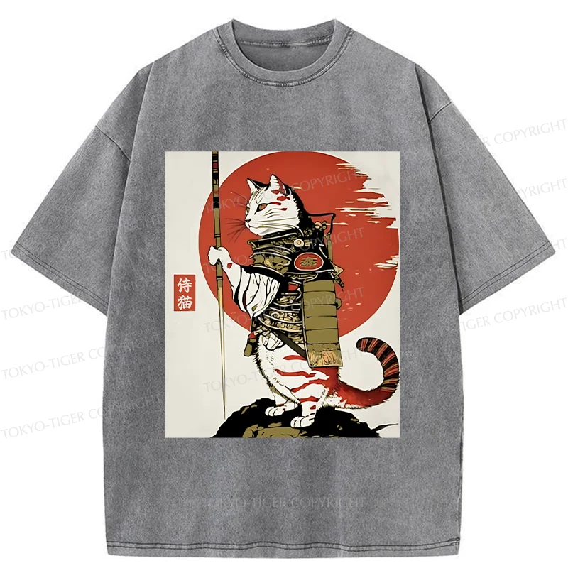 Tokyo-Tiger Samurai Cat Holding Sword Washed T-Shirt