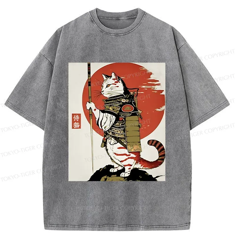 Tokyo-Tiger Samurai Cat Holding Sword Washed T-Shirt