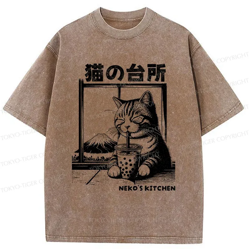 Tokyo-Tiger Cat Drinking Milk Tea Washed T-Shirt