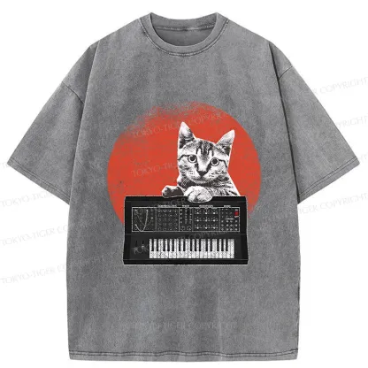 Tokyo-Tiger Cat And Analog Synthesizer Washed T-Shirt