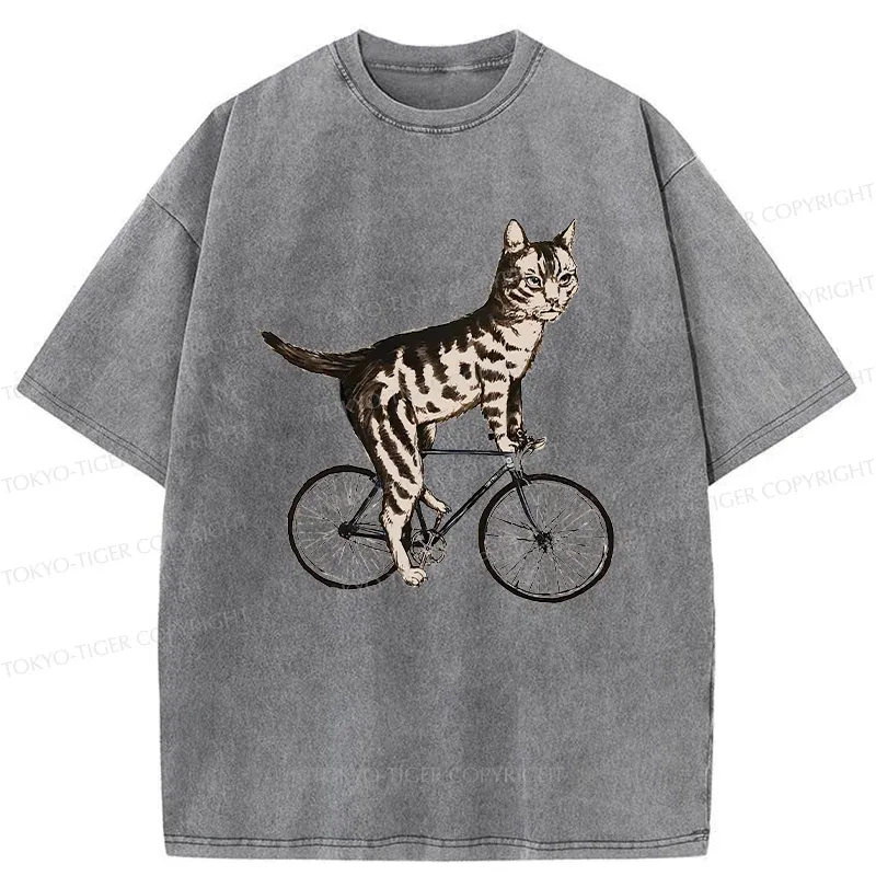 Tokyo-Tiger Cat Riding A Bicycle Washed T-Shirt