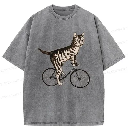 Tokyo-Tiger Cat Riding A Bicycle Washed T-Shirt