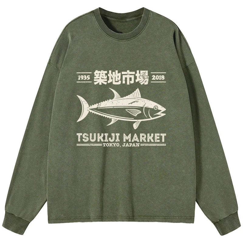 Tokyo-Tiger Retro Tsukiji Fish Market Streetwear Tokyo Washed Long Sleeve T-Shirt
