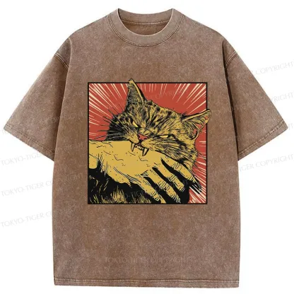 Tokyo-Tiger Cat Bites Hand Japanese Washed T-Shirt