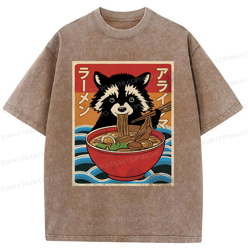 Tokyo-Tiger Raccoon Eating Ramen Washed T-Shirt