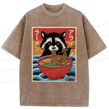 Tokyo-Tiger Raccoon Eating Ramen Washed T-Shirt