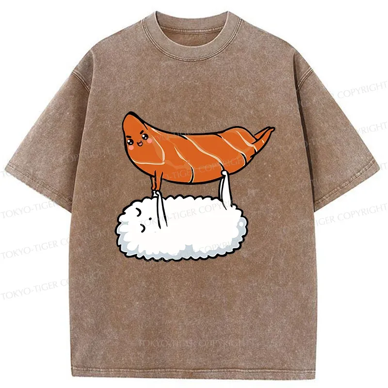 Tokyo-Tiger Sushi Doing Yoga Washed T-Shirt