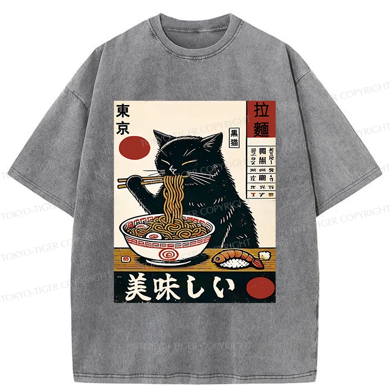 Tokyo-Tiger Black Cat Eating Japanese Ramen Washed T-Shirt