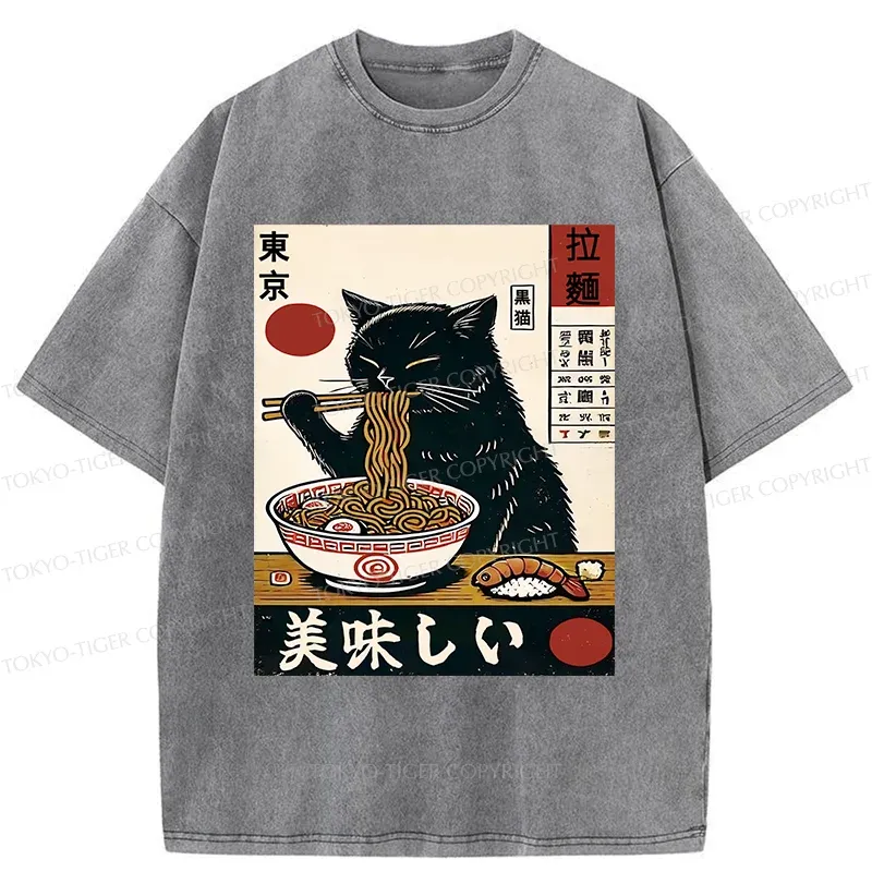 Tokyo-Tiger Black Cat Eating Japanese Ramen Washed T-Shirt