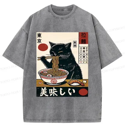 Tokyo-Tiger Black Cat Eating Japanese Ramen Washed T-Shirt