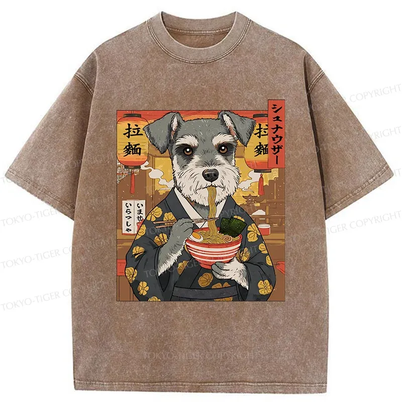 Tokyo-Tiger Schnauzer Eating Ramen Washed T-Shirt