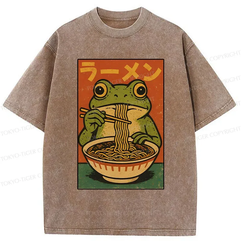 Tokyo-Tiger Frog Eating Ramen Retro Washed T-Shirt