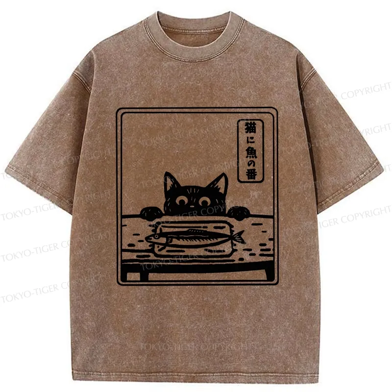 Tokyo-Tiger Funny Cat Staring At Fish Washed T-Shirt