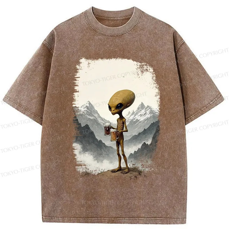 Tokyo-Tiger Alien With Beer Funny Washed T-Shirt