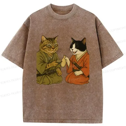 Tokyo-Tiger Cat Tasting Sake Washed T-Shirt