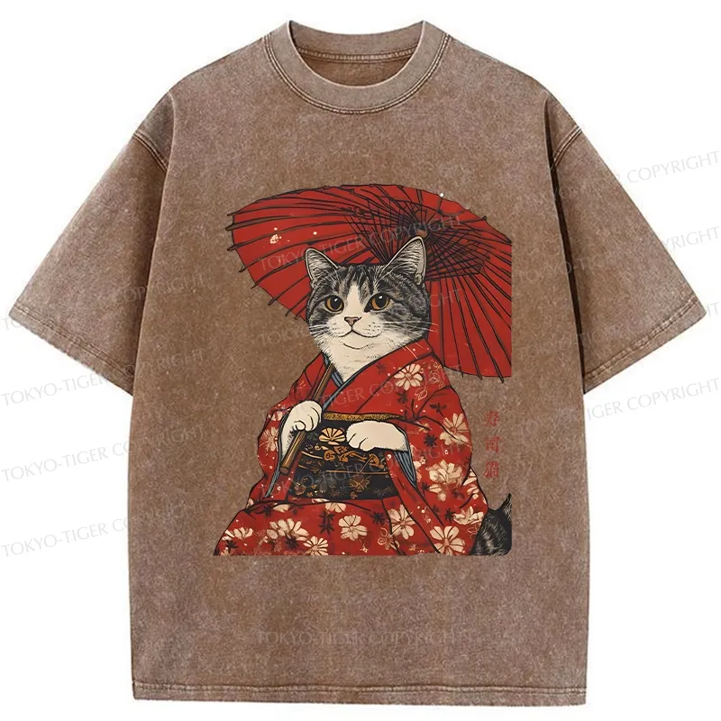 Tokyo-Tiger Japanese Cat Holding An Umbrella Washed T-Shirt