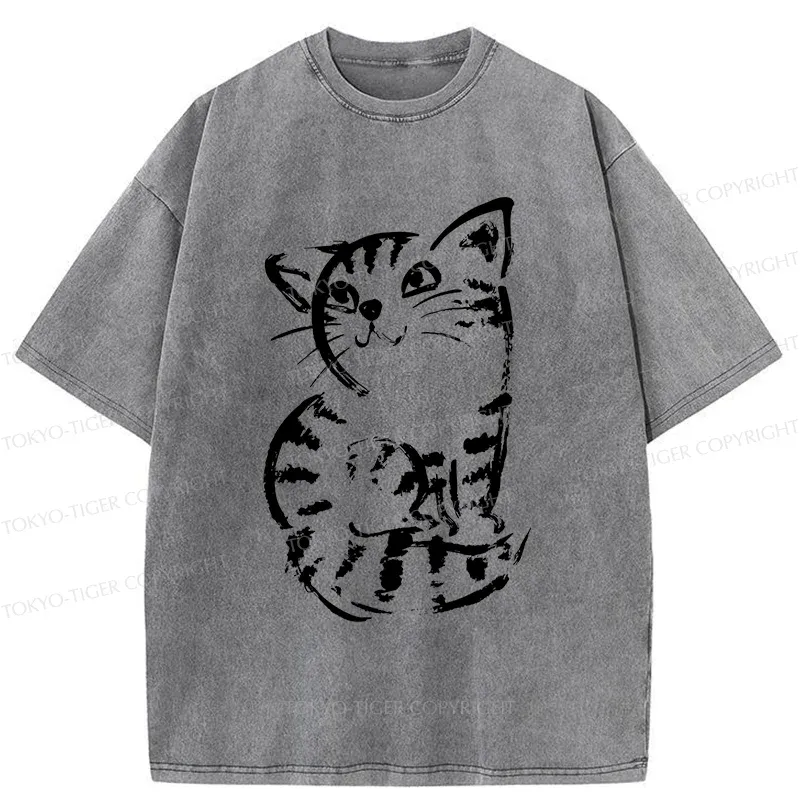 Tokyo-Tiger Retro Japanese Cat Washed T-Shirt
