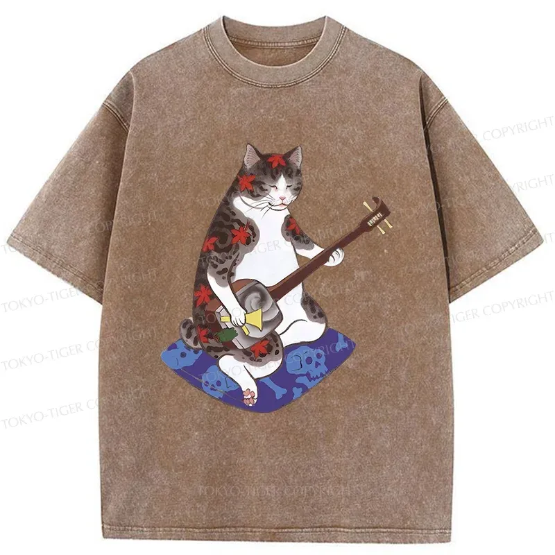 Tokyo-Tiger Cat Playing Shamisen Washed T-Shirt