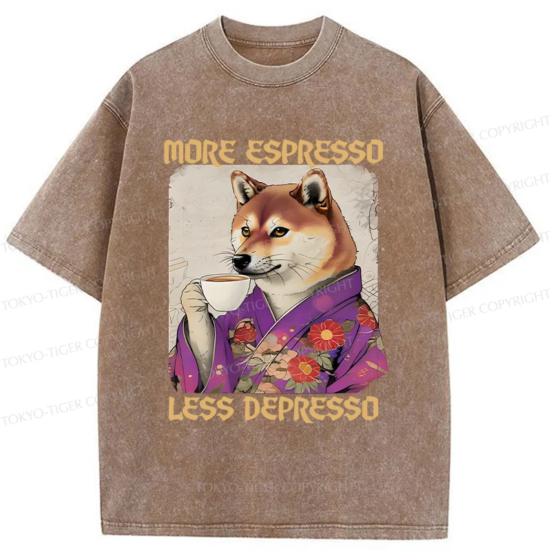 Tokyo-Tiger Shiba Inu Drinking Coffee Washed T-Shirt