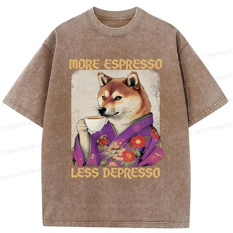 Tokyo-Tiger Shiba Inu Drinking Coffee Washed T-Shirt