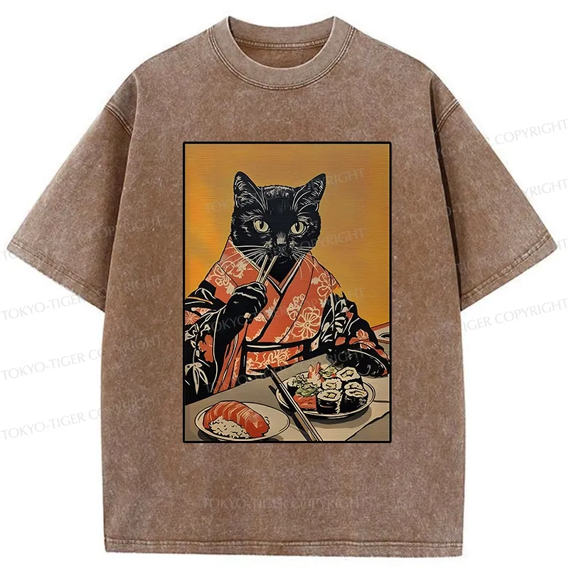 Tokyo-Tiger Sushi Lover Black Cat Washed T-Shirt