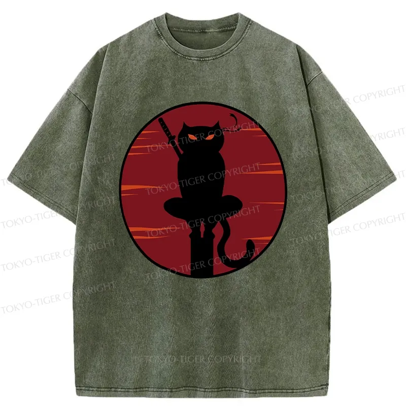 Tokyo-Tiger Japanese Ninja Black Cat Washed T-Shirt