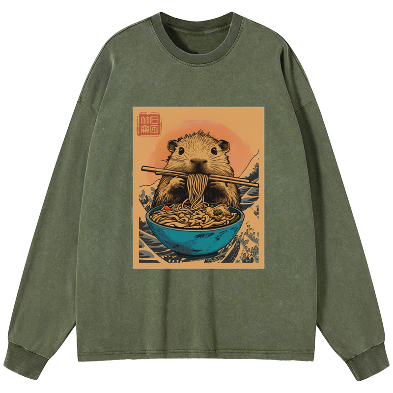 Tokyo-Tiger Opossum Eats Ramen Washed Long Sleeve T-Shirt