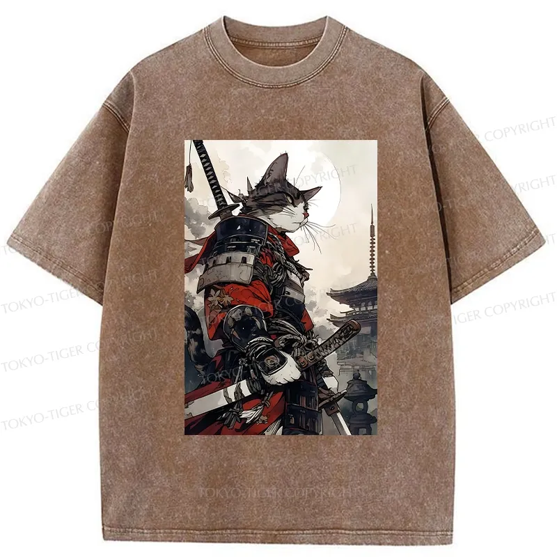 Tokyo-Tiger Majestic Samurai Cat Washed T-Shirt