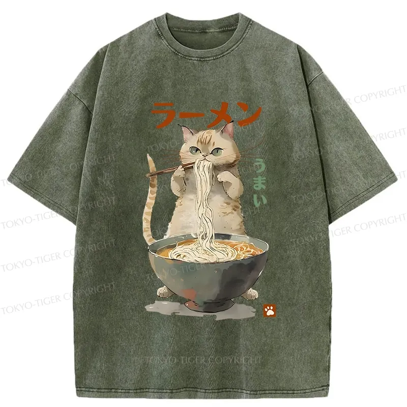 Tokyo-Tiger Cute Cat Eating Yummy Ramen Washed T-Shirt