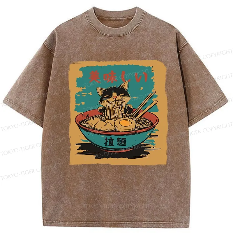 Tokyo-Tiger Kitten Eating Ramen Washed T-Shirt