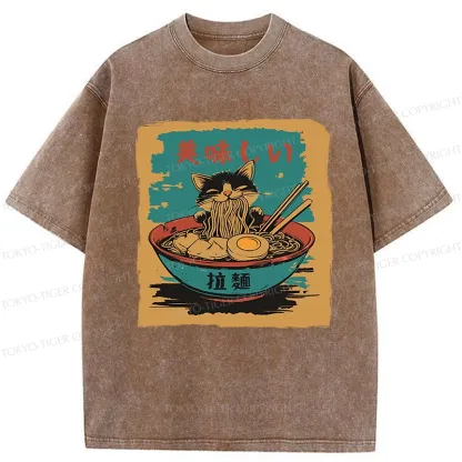 Tokyo-Tiger Kitten Eating Ramen Washed T-Shirt