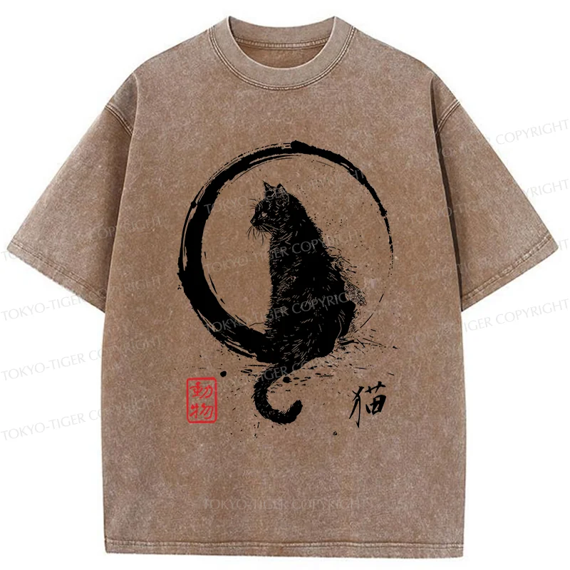 Tokyo-Tiger Retro Japanese Black Cat Washed T-Shirt