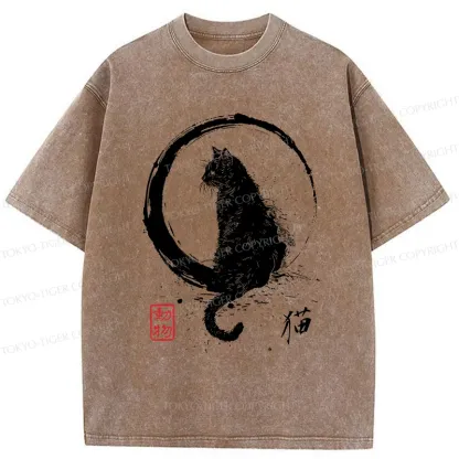 Tokyo-Tiger Retro Japanese Black Cat Washed T-Shirt
