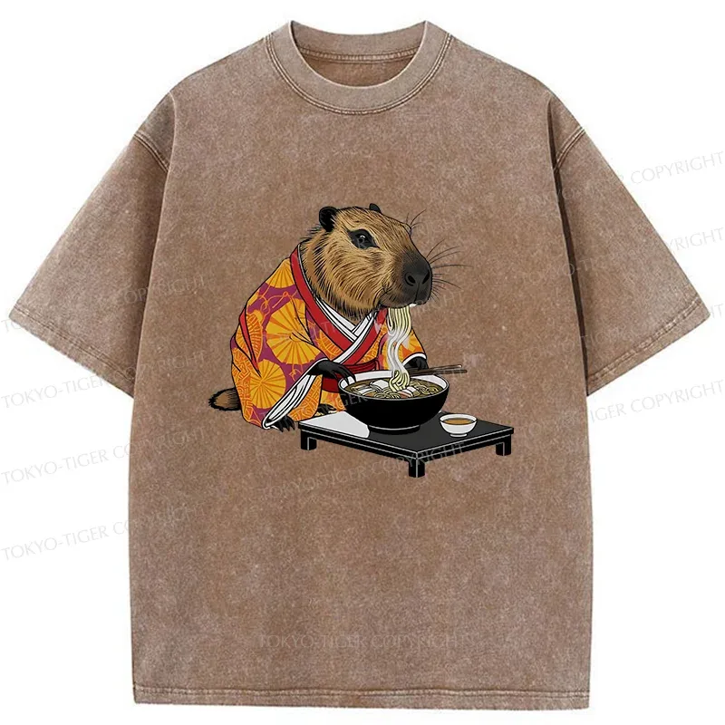 Tokyo-Tiger Cute Capybara Eating Ramen Washed T-Shirt