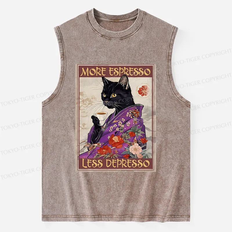 Tokyo-Tiger Japanese Cat Drinking Coffee Washed Tank