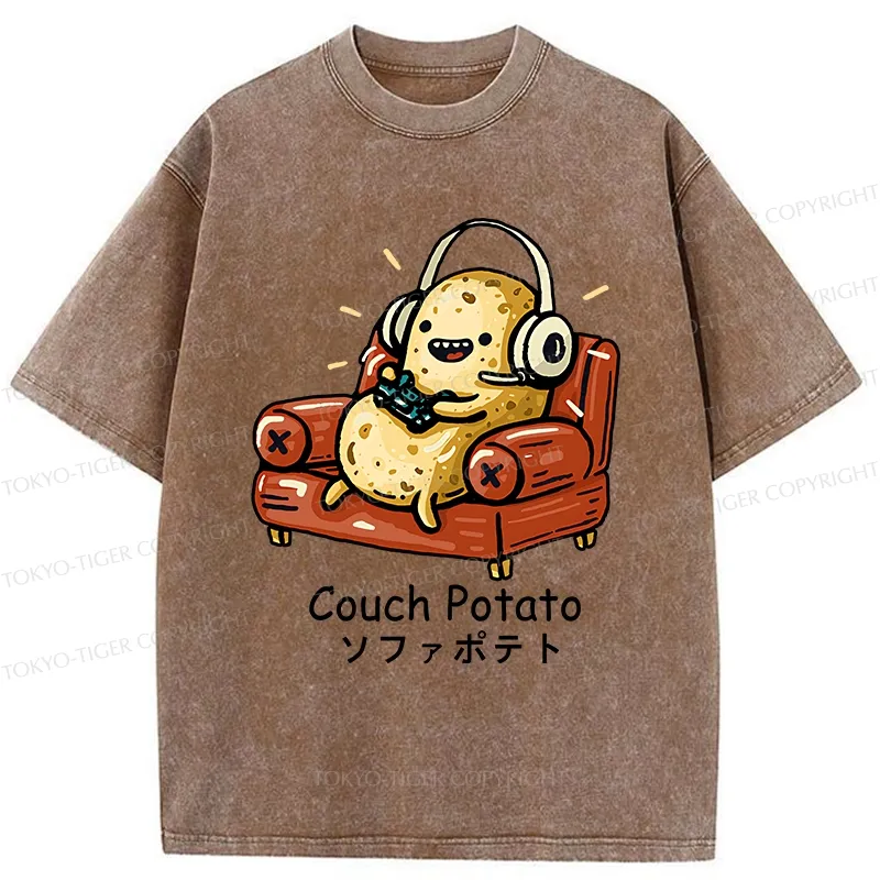 Tokyo-Tiger Funny Lazy Potato Washed T-Shirt