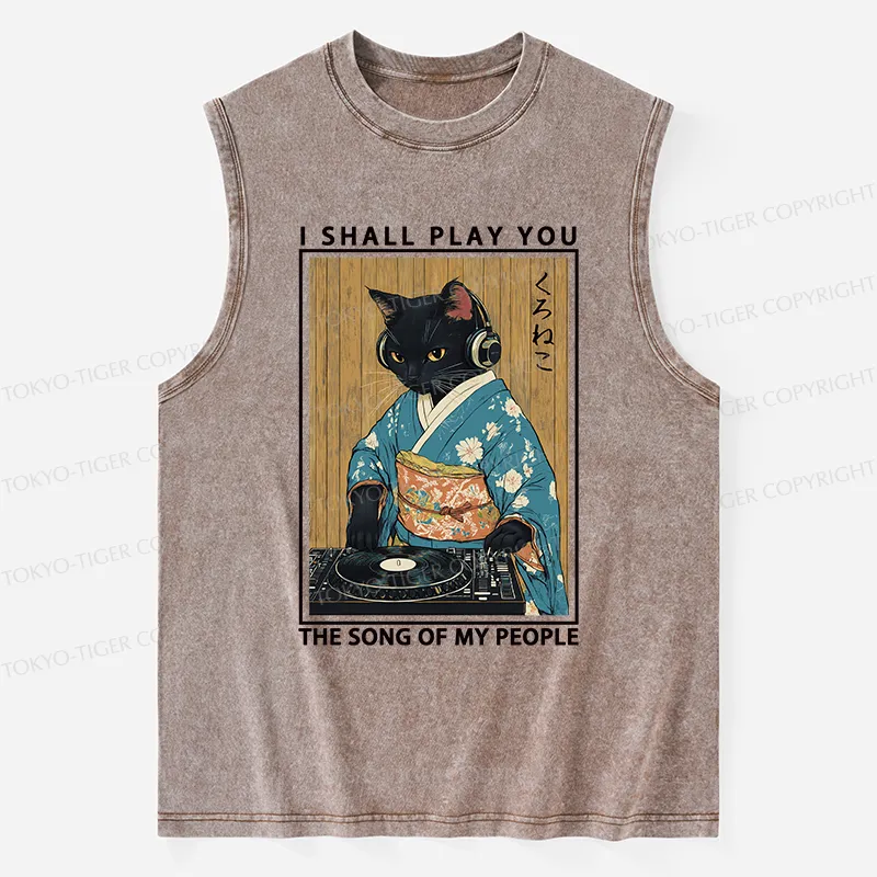 Tokyo-Tiger Funny Playing Music Black Cat Washed Tank