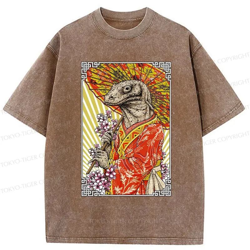 Tokyo-Tiger Elegant Lizard Holding An Umbrella Washed T-Shirt