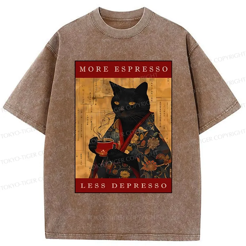 Tokyo-Tiger More Espresso Less Depresso Cat Washed T-Shirt