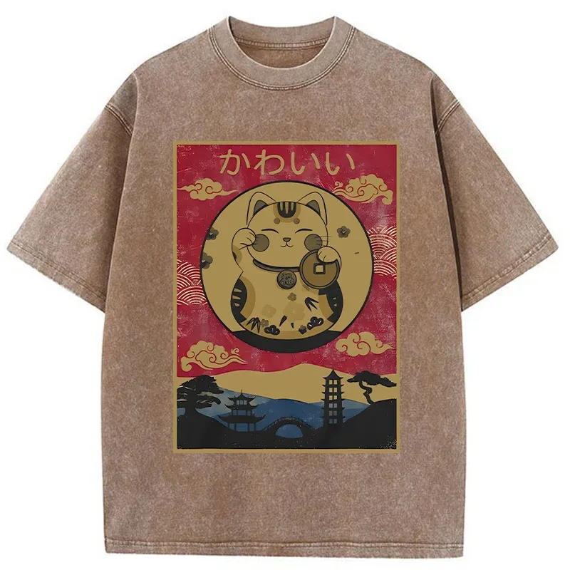 Tokyo-Tiger Retro Lucky Cat Washed T-Shirt