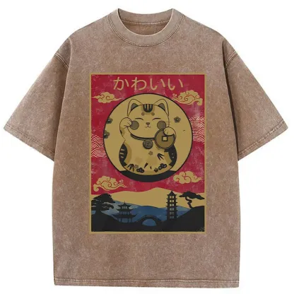 Tokyo-Tiger Retro Lucky Cat Washed T-Shirt