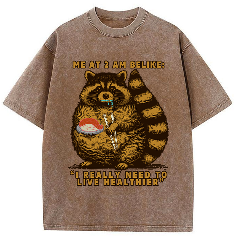 Tokyo-Tiger Fat Raccoon Eating Sushi Washed T-Shirt