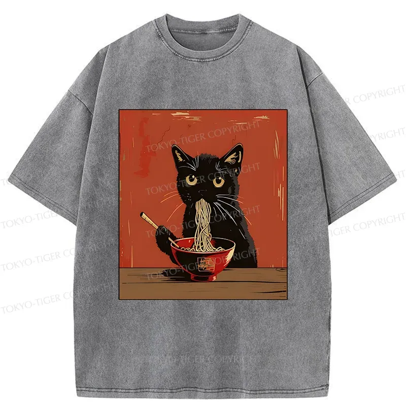 Tokyo-Tiger Japanese Black Cat Eating Ramen Washed T-Shirt